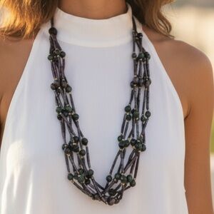 Elegant Multi-Strand Necklace with Wooden Bead Necklace in Purple Green and Blue